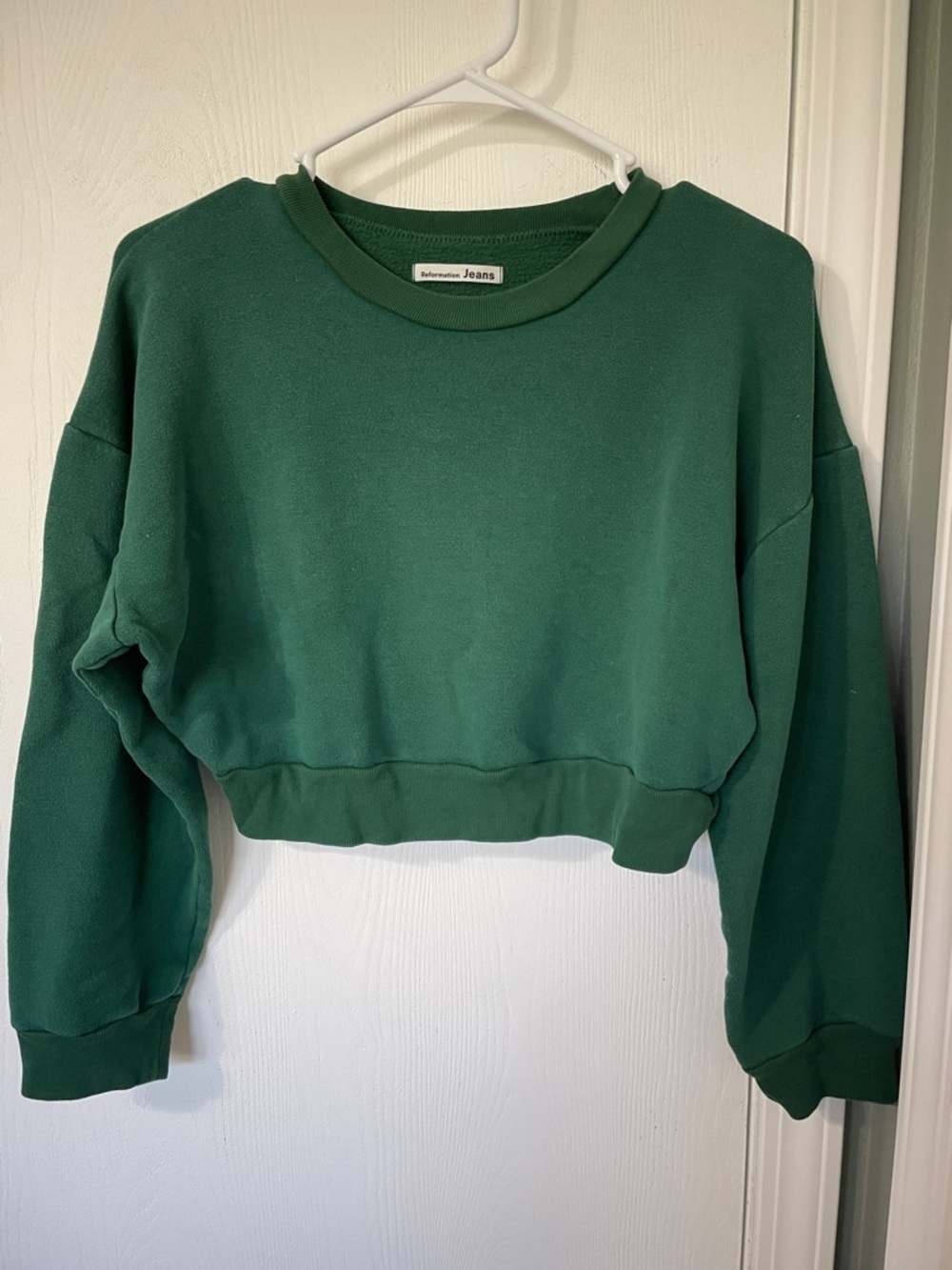 Reformation Jeans Forest Green Cropped Crewneck Sweatshirt Size Small Oversized - Picture 5 of 9